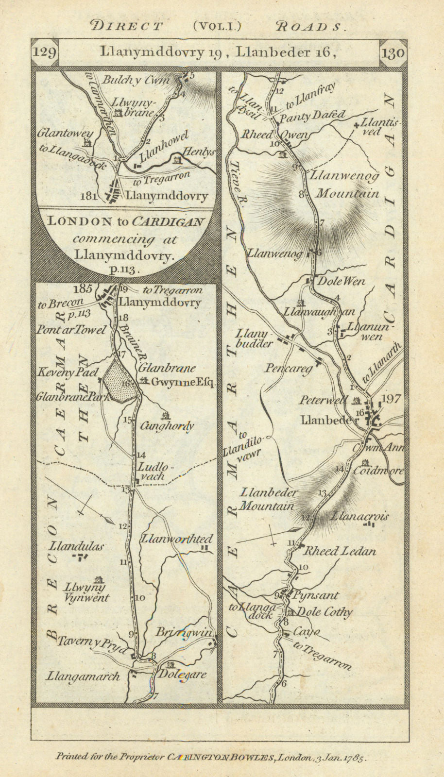 Llandovery. Llandovery - Lampeter road strip map PATERSON 1785 old antique